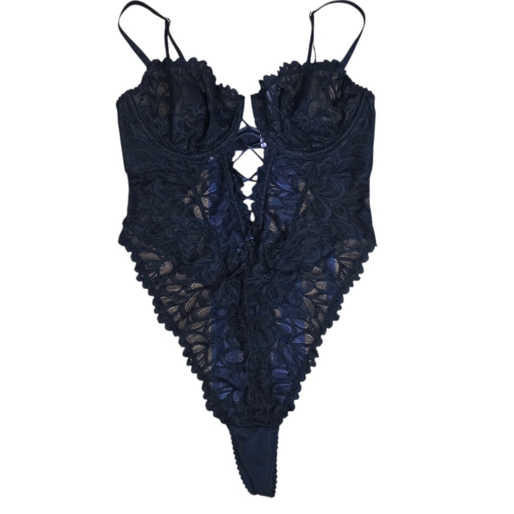 Savage X Fenty Lace Bodysuit Teddy Black Lingerie Corset Style Womens M